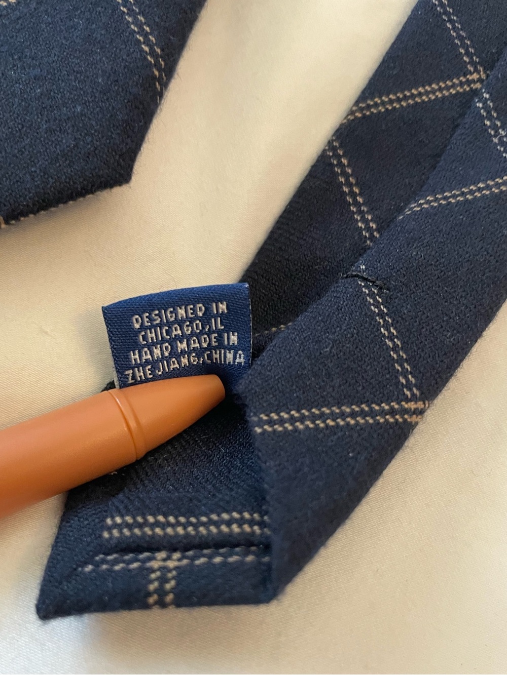 The Tie Bar Navy Windowpane Tie with Gold Stitching - Picture 7 of 7